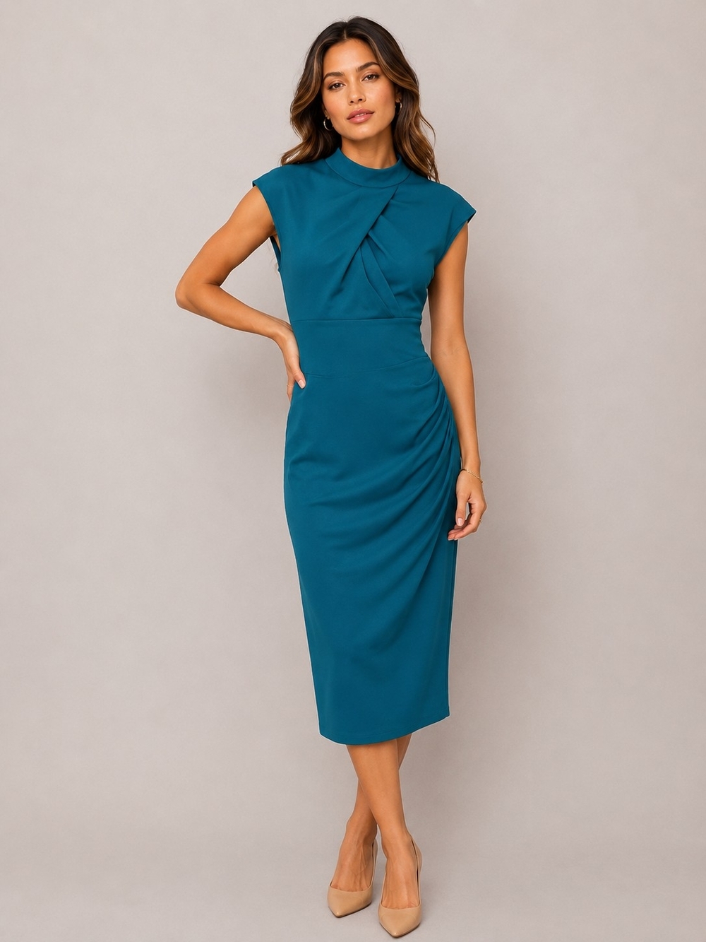 Miusol Teal Twist-Neck Midi Dress